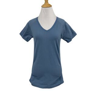 Z By Zella Shirt Women S Small Slate V Neck Short Sleeve Ruched Panel Fitted Top